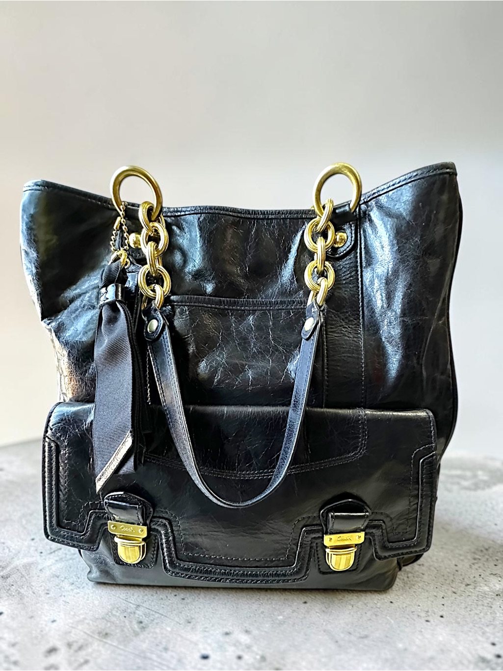 Coach Vintage Poppy Camelia Large Black Leather Tote Shoulder Bag Gold Chain